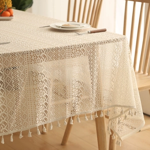Bohemian beige lace tablecloth with cotton linen tassels and geometric woven patterns