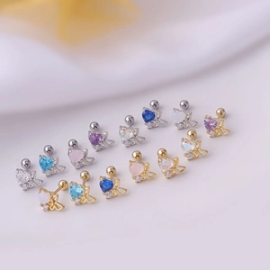Titanium steel butterfly stud earrings with heart zircon in multiple colors and screw backs