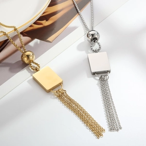 Long 18K gold and silver stainless steel tassel necklaces with square charm and beads