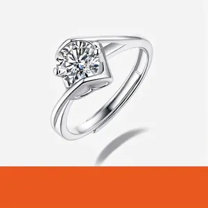 Luxury Moissanite S925 Silver Adjustable Ring For Women Six Prong Engagement Wedding Jewelry Elegant Finger Ring Gift