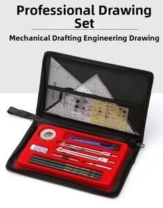 Detailed set of professional mechanical drawing tools in a black zipped carrying case