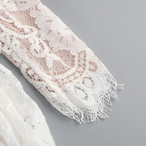 Gros plan sur le tissu en dentelle florale blanche avec détails de franges délicates
