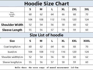 Detaillierte Größentabelle für Lil Peep Streetwear Hoodie mit Brust- und Längenmaßen