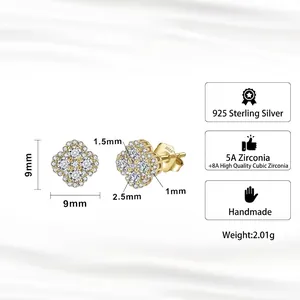 Macro detail of S925 sterling silver four-leaf clover stud earrings with 9mm dimensions