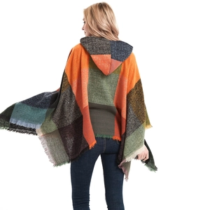 Women plaid hooded cape shawl with multicolor patchwork knit fabric and fringe details