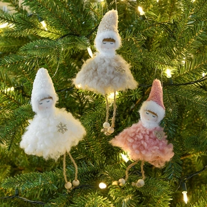 Three plush angel doll ornaments with pointed hats and wooden bead legs for Christmas trees