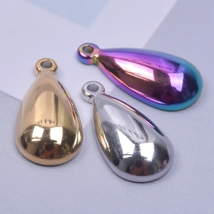 Polished stainless steel teardrop pendants in gold, silver, and rainbow 18k plating