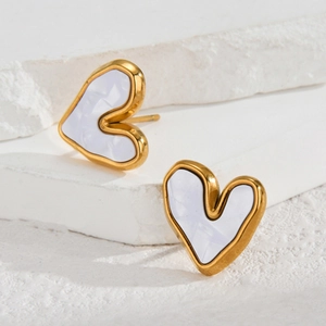 French vintage stainless steel 18K gold heart earrings with purple mother of pearl inlay