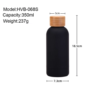 Black matte stainless steel 350ml water bottle with bamboo lid and dimension details