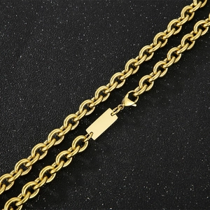Golden stainless steel O-chain necklace with rectangular pendant and lobster clasp