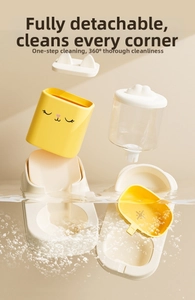 Exploded view of a yellow cat-eared pet water dispenser parts in clean water bubbles