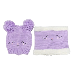 Detailed view of purple knitted hat and neck warmer set with cat embroidery and fur lining