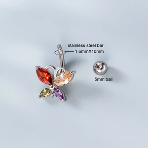 Bauchnabelpiercing Schmetterling aus Edelstahl mit bunten Zirkonias und 1,6x10mm Stab