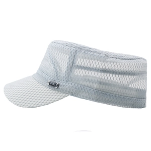 Breathable light blue mesh flat top military cap for men with metal side decoration