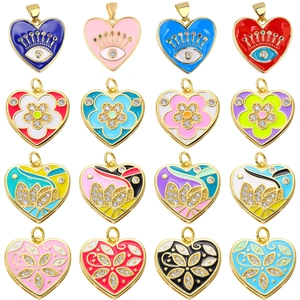 Colorful enamel heart pendants in gold plated copper with rhinestones for DIY jewelry