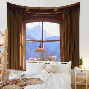 3D Window View Wall Tapestry Landscape Scenery Hanging Cloth Polyester Artistic Home Decor For Bedroom Living Room