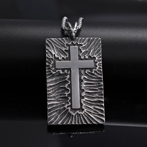 Vintage gothic stainless steel cross rectangle pendant with goat head bail design