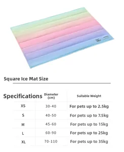 Detailed size guide for rectangular gradient gel cooling mats for cats and dogs