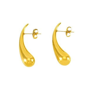 Polished minimalist gold teardrop earrings made of stainless steel on white background