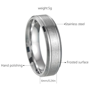 Macro view of 6mm wide frosted stainless steel ring with hand polished edges