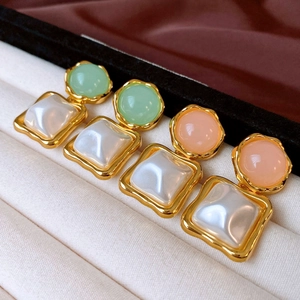 Retro Geometric Square Round Drop Earrings Resin Faux Artificial Pearl Copper Alloy With Silver Earring Post French Style Women