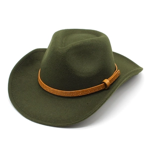 Army green wool felt western cowboy hat with brown leather band and metallic buckle