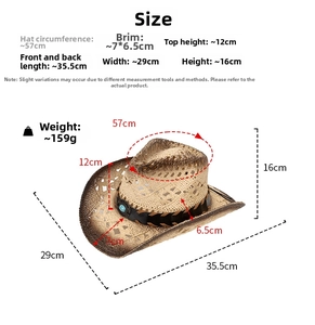 Size chart showing 57cm circumference and detailed dimensions for hollow western straw hat