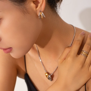 Modern triple-layered stainless steel rings and matching jewelry set shown on a model