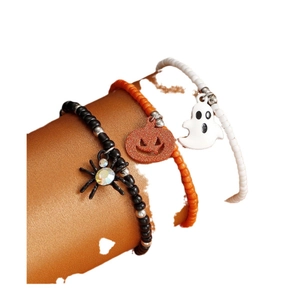 Halloween beaded bracelet set featuring black spider, orange pumpkin and white ghost charms