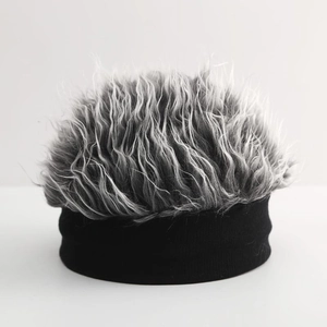 Funny hip hop beanie with synthetic grey hair wig for men stylish retro docker cap