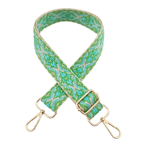 Detail of 3.8cm adjustable jacquard bag strap with blue geometric patterns and gold clips