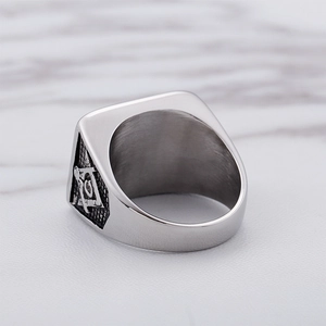 Silver stainless steel Masonic ring for men with detailed relief and diamond inlay