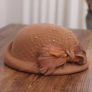Detail of brown wool fedora featuring mesh veil, feathers, and crystal embellishments