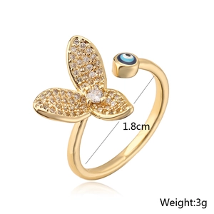 18K gold plated butterfly wing and evil eye open ring with cubic zirconia stones
