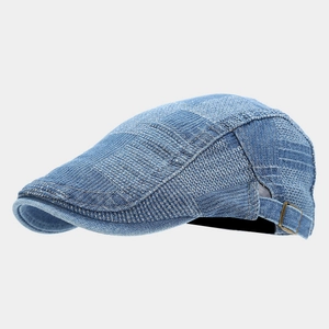 Blue and white checkered denim beret hat for men and women with adjustable side buckle