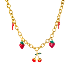 Gold-plated necklace with red enamel cherry, strawberry and chili fruit pendants