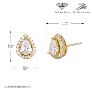 Detail view of gold pear-cut cubic zirconia earrings with 925 silver studs and dimensions