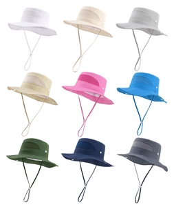 Detailed grid of 9 mesh sun hats with wide brims and adjustable chin straps for kids