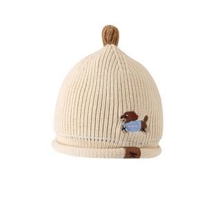 Bonnet d'hiver en tricot pour bébé beige avec broderie chiot et pompon marron doux