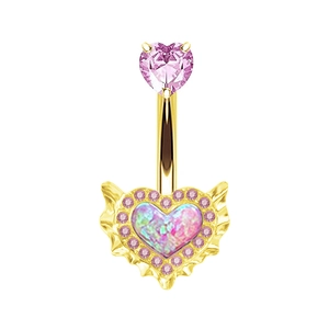 Pink heart belly button ring with gold plating and iridescent opal winged design