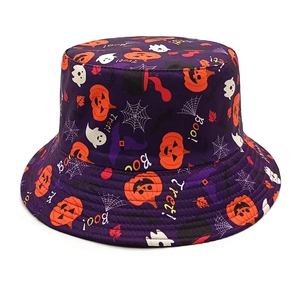 Deep purple Halloween bucket hat with pumpkin, ghost prints and Boo lettering