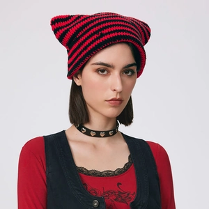 Handmade red and black striped knit cat ear beanie hat for winter punk fashion