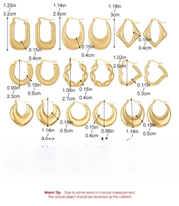 Detailed view of nine gold titanium steel earrings with sizes and weight information