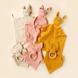 Baby cotton muslin set with rabbit pacifier cloth and wooden ring teether detail