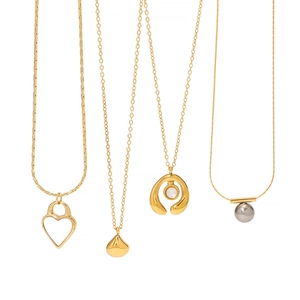Elegant gold stainless steel necklaces with heart, drop, and pearl pendants on white background