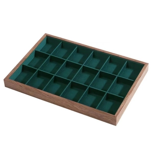 Walnut wood jewelry tray with 18 green velvet slots for rings and bracelets