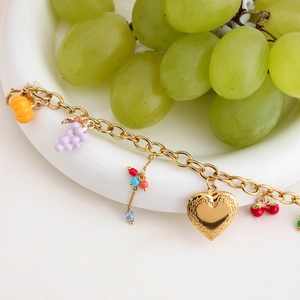 18K gold stainless steel charm bracelet with grape pumpkin heart and cherry pendants