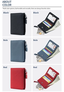 Cartera de cuero de lichi en negro, azul y rojo con múltiples ranuras para tarjetas