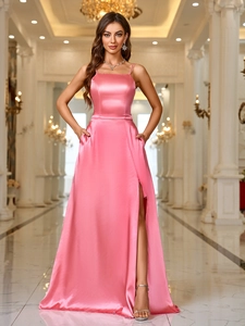 Elegant Satin Evening Dress Pink High Slit Spaghetti Strap Square Neck Formal Party Maxi Gown For Women With Pockets