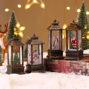 Vintage Christmas LED lanterns with Santa, Snowman and Angel in warm festive setting
